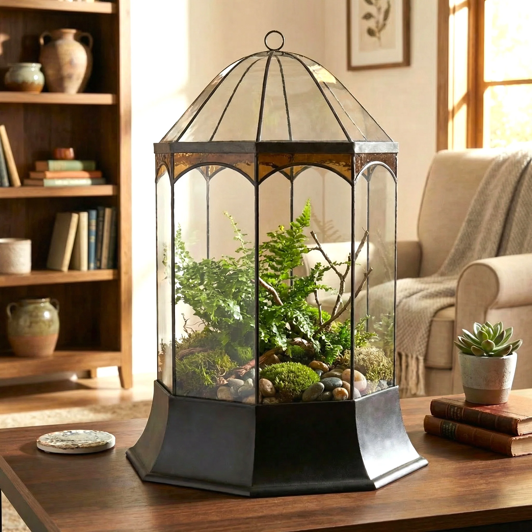 H Potter Eight Sided Terrarium Wardian Case with Curved Glass and Brown Accents Large