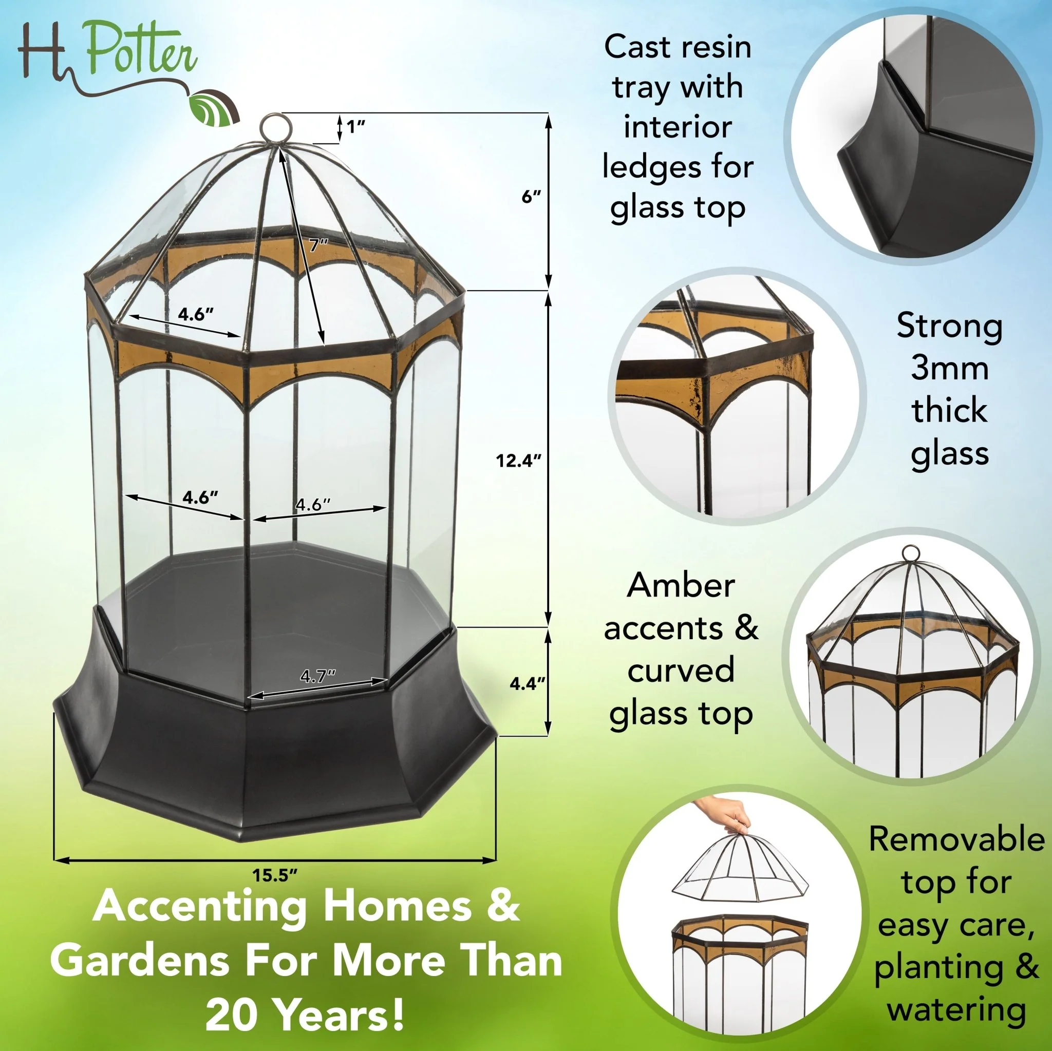 H Potter Eight Sided Terrarium Wardian Case with Curved Glass and Brown Accents Large - Image 3