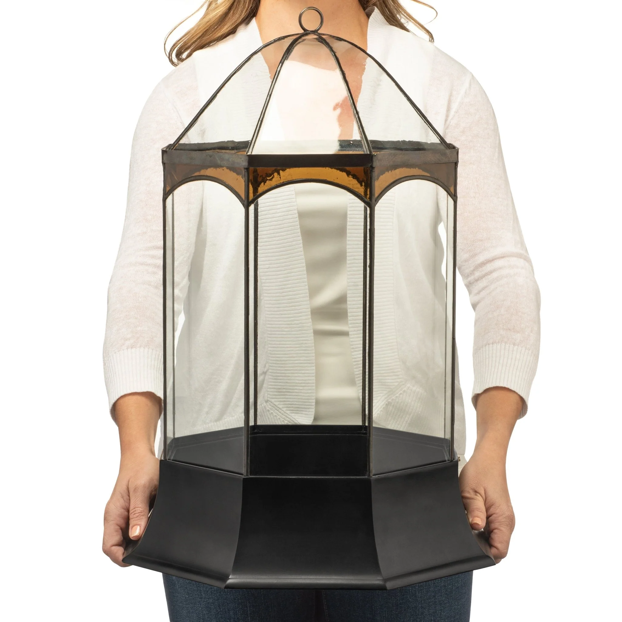 H Potter Eight Sided Terrarium Wardian Case with Curved Glass and Brown Accents Large - Image 4