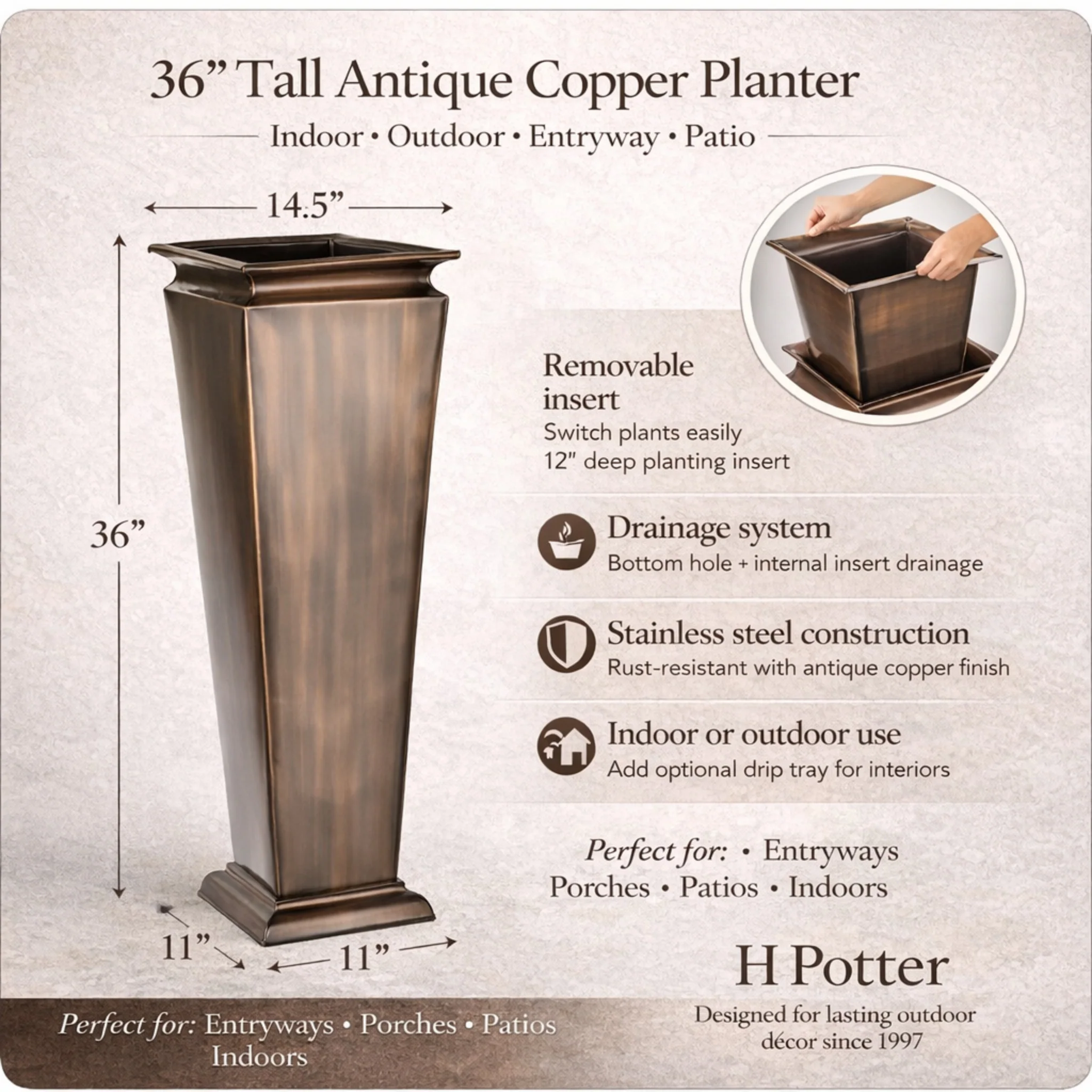 H Potter 36" Tall Tapered Copper Entryway Planter - Image 4