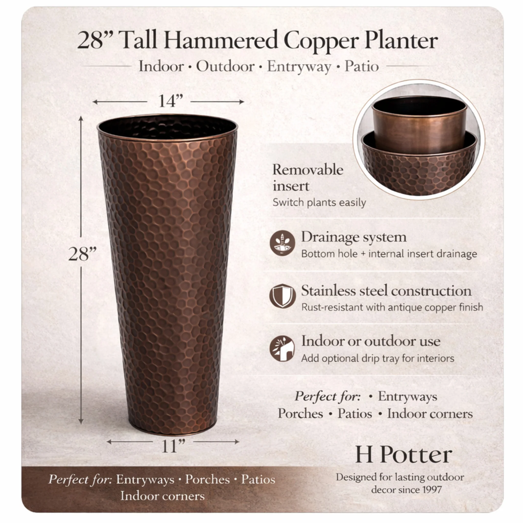 H Potter Hand Hammered Planter GAR568 - Image 6
