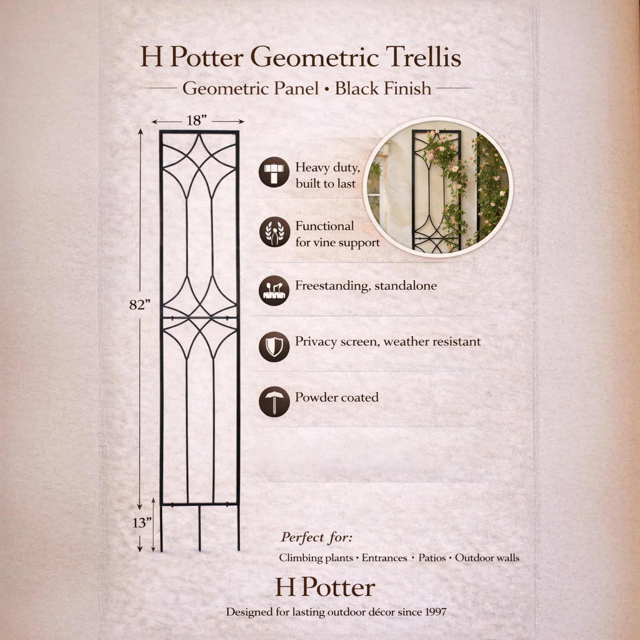 H Potter Tall Geometric - Freestanding Metal Garden Trellis - Black Finish - 82"Tall - Image 3