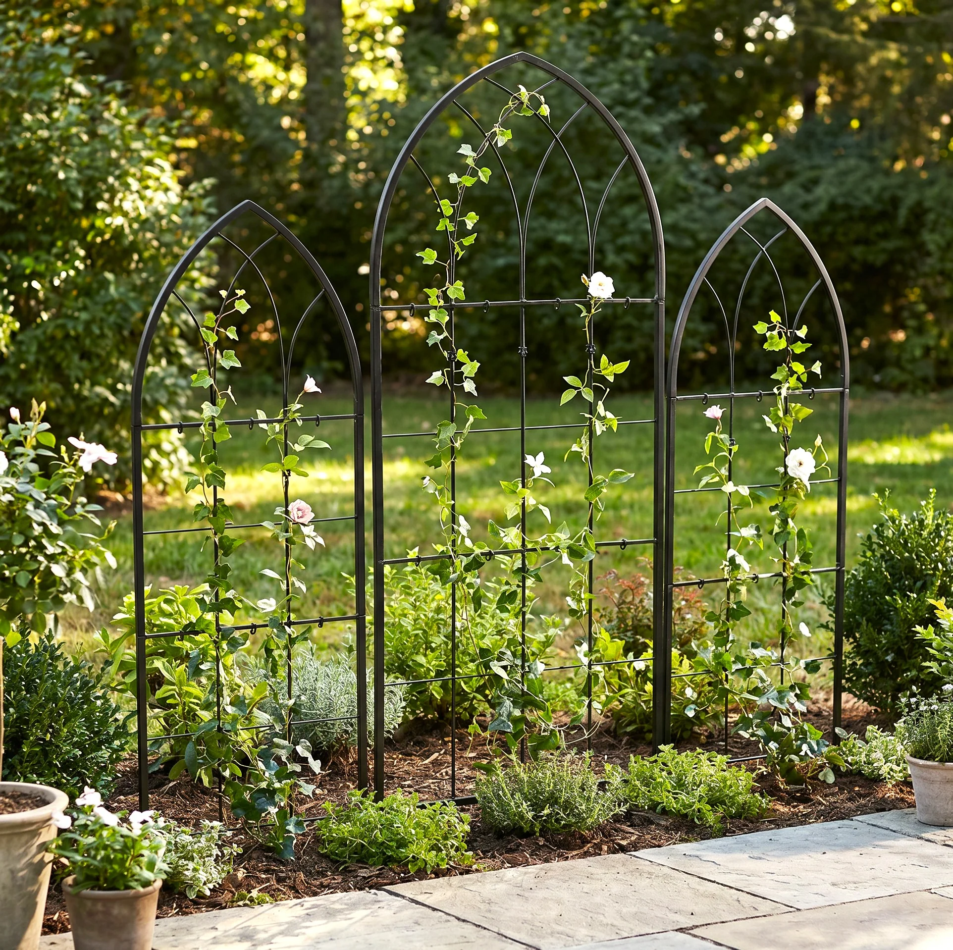 H Potter Gothic Garden Trellis Set of 3 – Black Finish - 1 Large 73" Tall & 2 Small 62" Tall