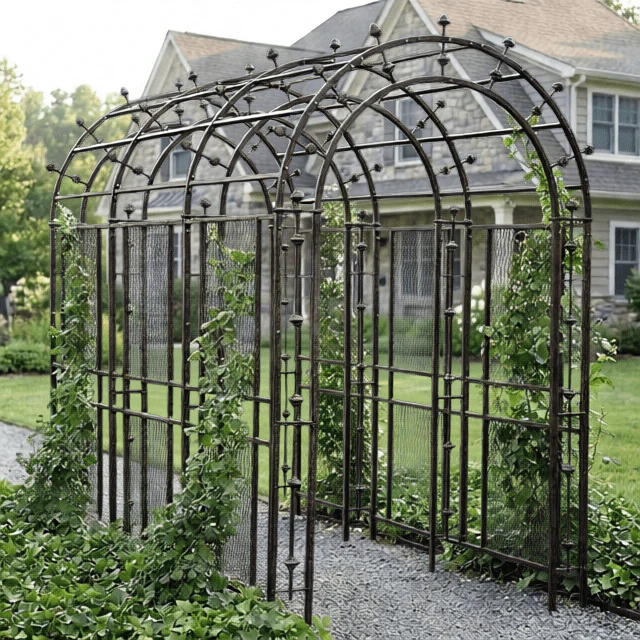 H Potter Stratford Large Garden Arbor Trellis Arch Tunnel — Iron Garden Entryway - Charcoal Brown