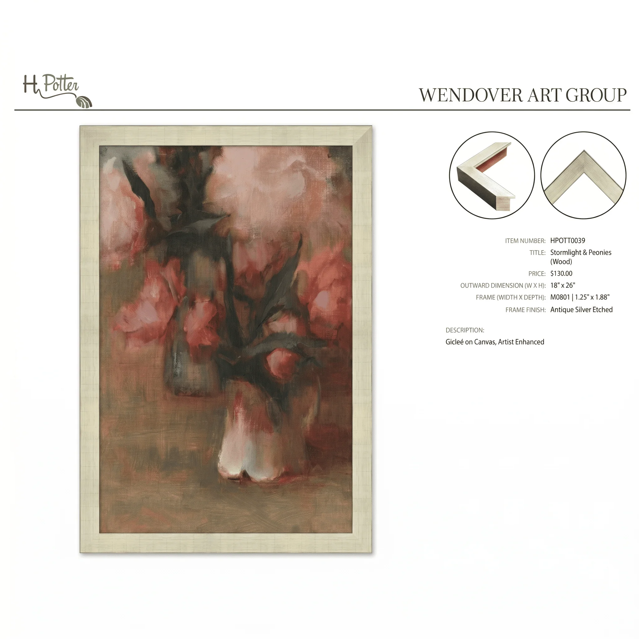 H Potter Stormlight and Peonies Canvas Wall Art - Image 3