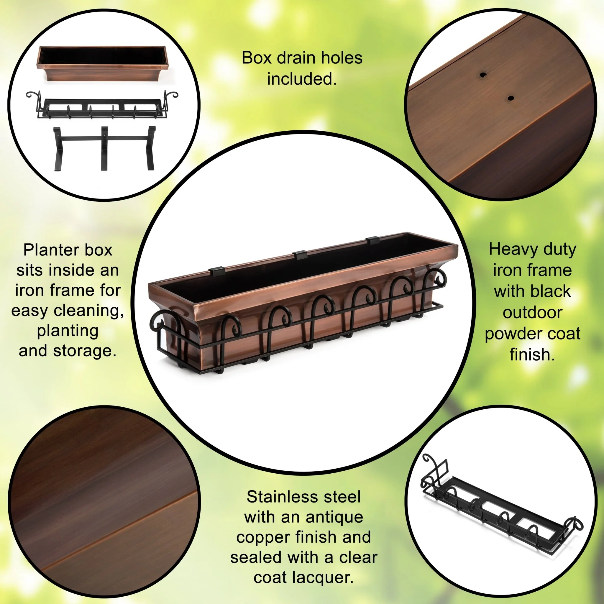 36-Inch Flared Antique Copper Window Box with Scrolled Frame - Image 3